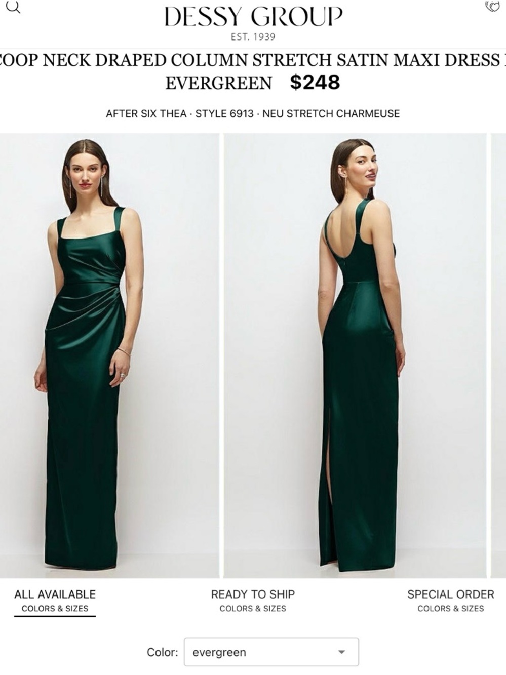 Dessy Collection Evergreen Satin Scoop Neck Draped Column Maxi Dress